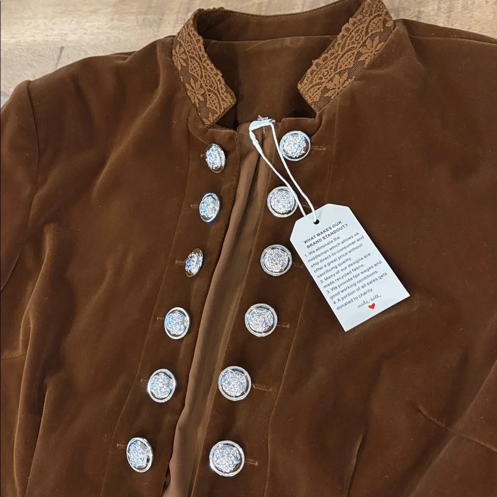 Made with Love Brown Velvet-y Military Blazer Jacket Womens Medium - Picture 3 of 6